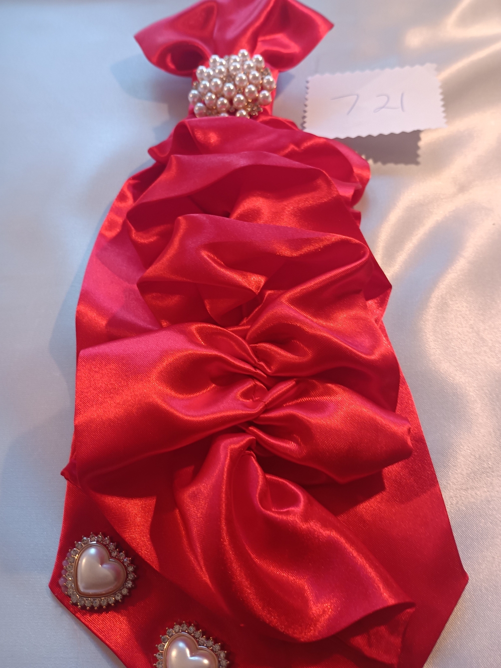 Red Satin Ruffle JunkTie Necklace Pendant with Pearl Heart Accents
